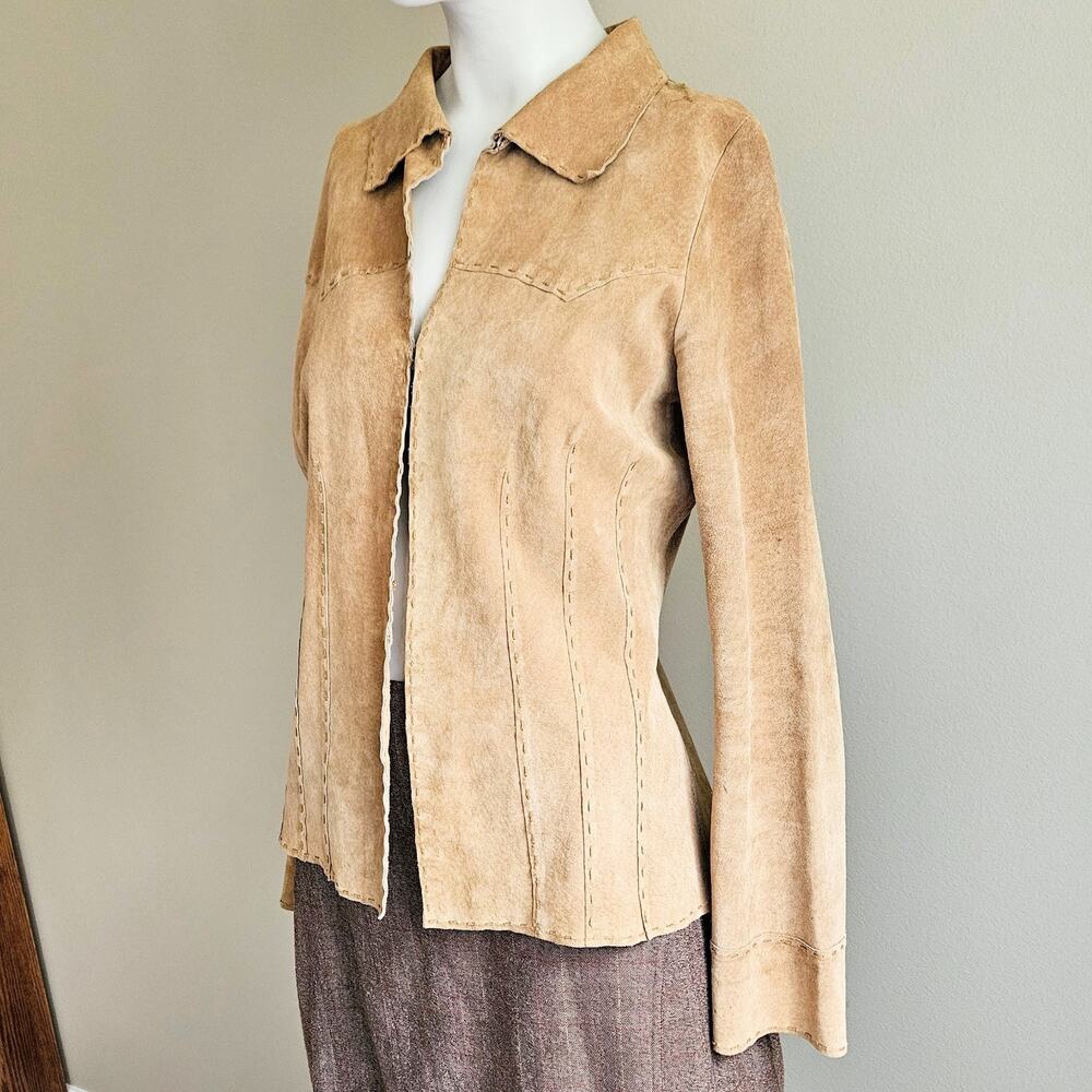 Wet Seal Womens Sz L Suede Tan 100% Leather Western Fitted Top Hook Eye Closure
